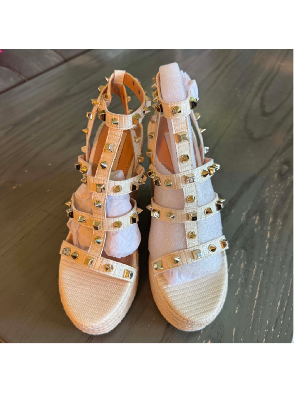 Women's Steven New York Beige Gold Studded Espadrille Wedges 6.5